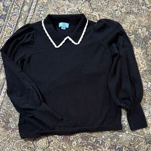 CeCe Black Sweater with White Scalloped Collar